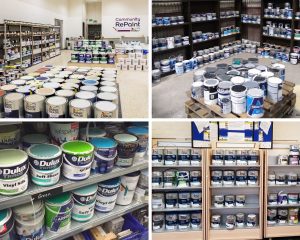 4 images of neat and tidy paint displays