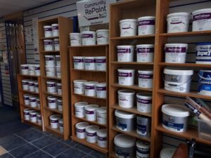 The paint display at a ReColour stockist, who has a shelving area full of our low cost and eco ReColour paint.