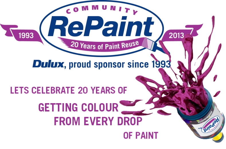 Community RePaint 20 year anniversary artwork from 1993 to 2013. It reads "20 years of paint reuse. Dulux, proud sponsor since 1993. Let's celebrate 20 years of getting colour from every drop of paint." There is an image of a party popper exploding purple emulsion paint out of the end in celebration.
