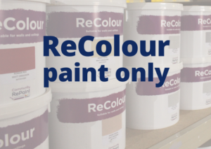 A photo of a selection of our affordable, low-cost and environmentally friendly ReColour emulsion paint in a range of colours for sale at Emmaus Bolton.
